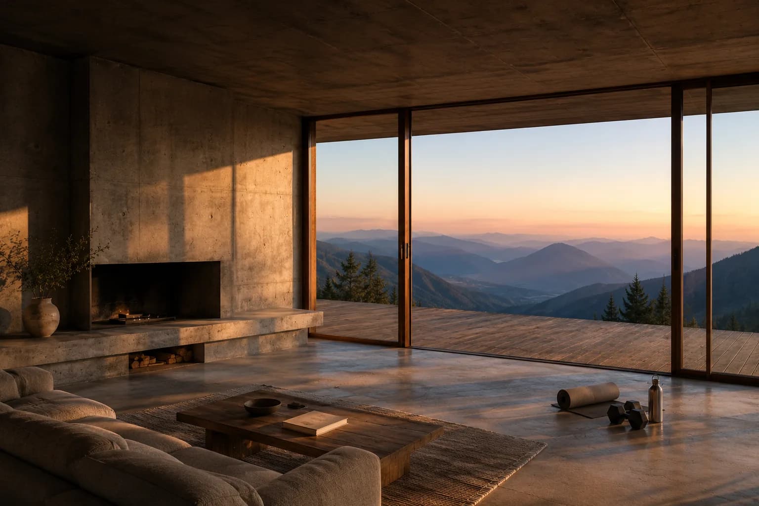 Salon ouvert sur la montagne, tapis de sol et haltères posés au sol